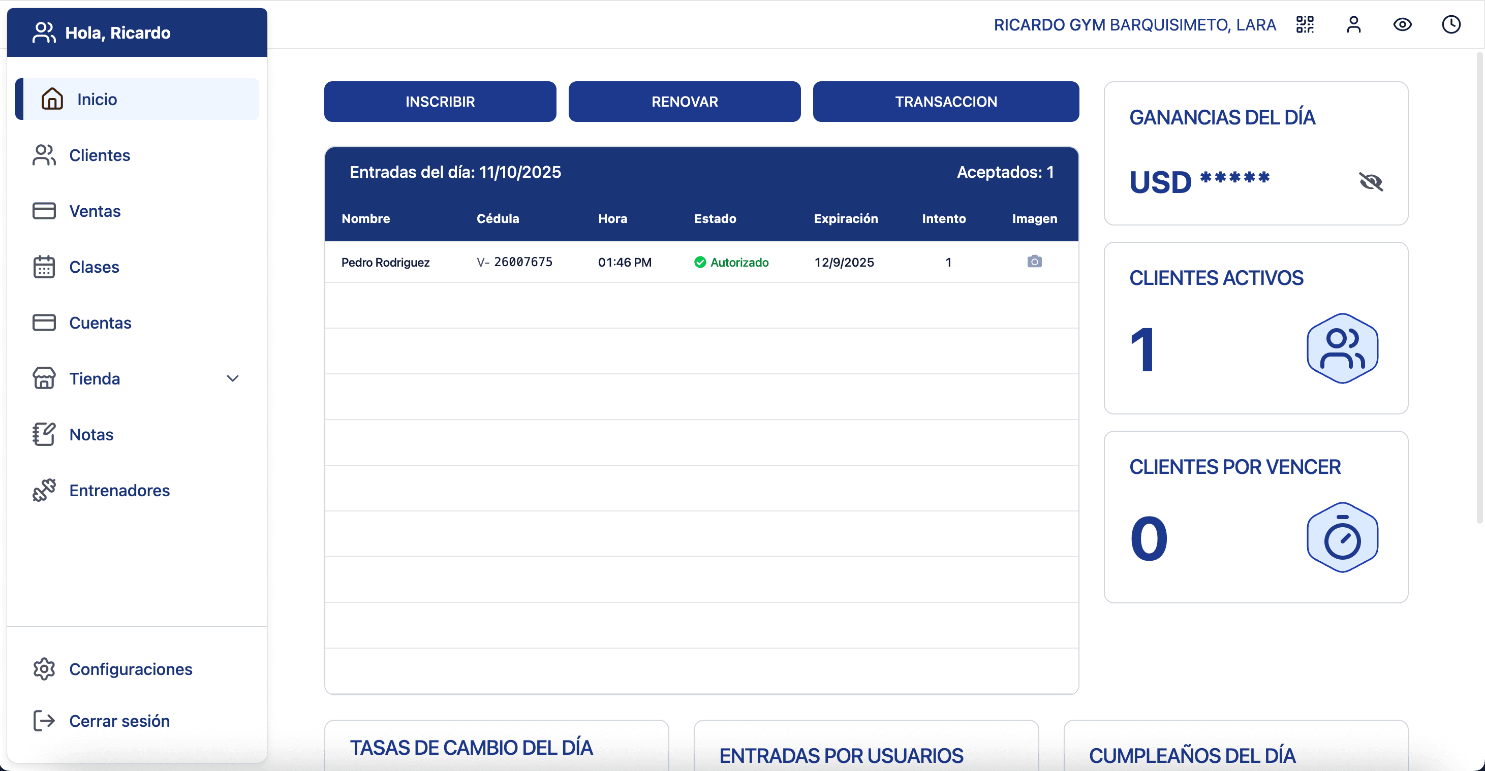 Dashboard del software de gestión Checkad Gym mostrando métricas clave